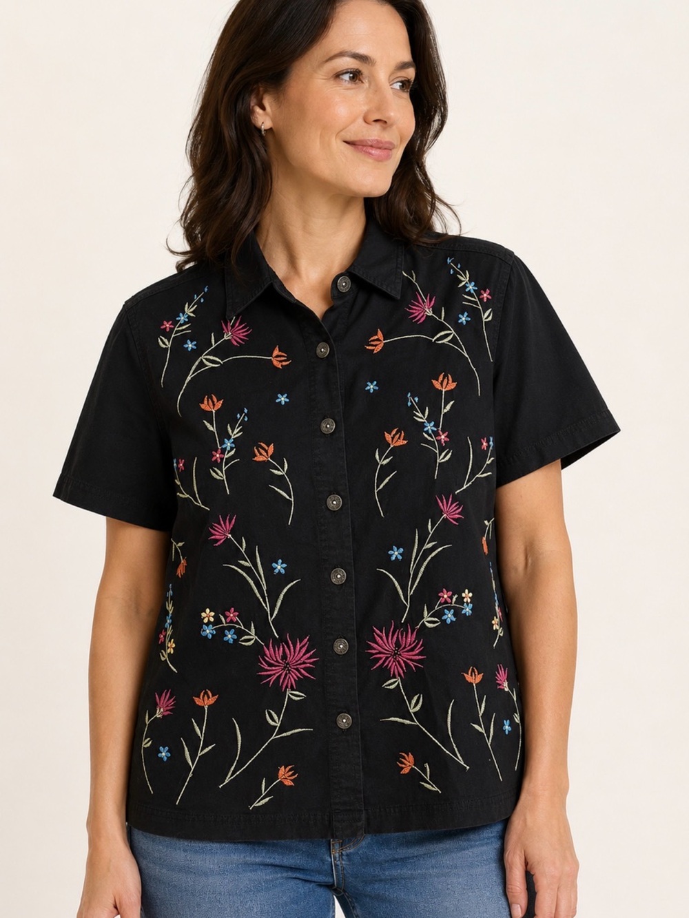 Black Short-Sleeve Button-Down Shirt with Multicolor Floral Embroidery